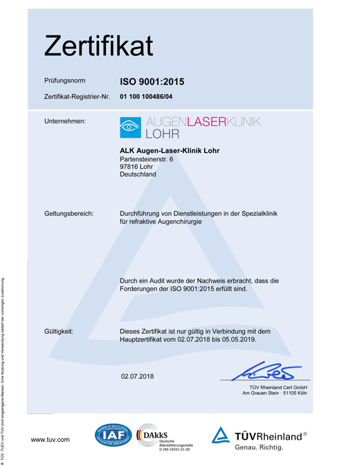 TÜV Rheinland Zertifikat der Augen-Laser-Klinik Lohr 2018