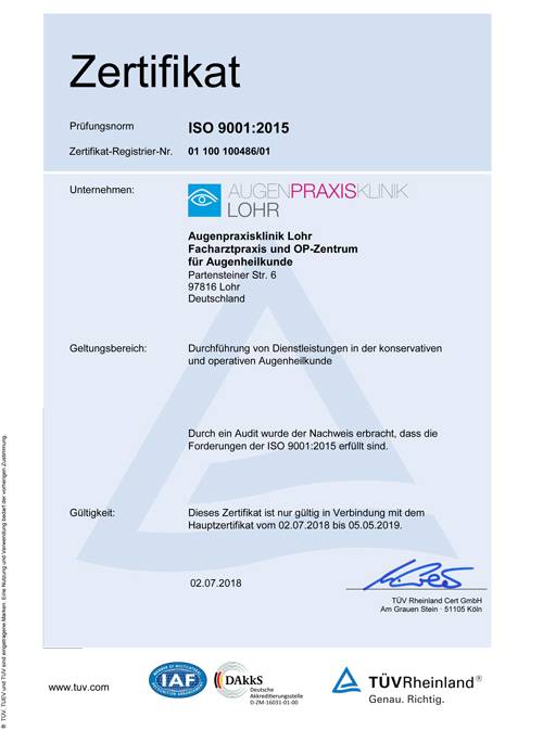 TÜV Rheinland Zertifikat der Augenpraxislinik Lohr 2018